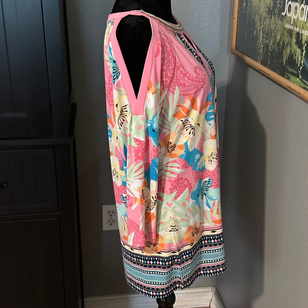 JM Collection Cold Shoulder Tunic Womens M Pink Floral Geometric Embellished - Picture 5 of 9